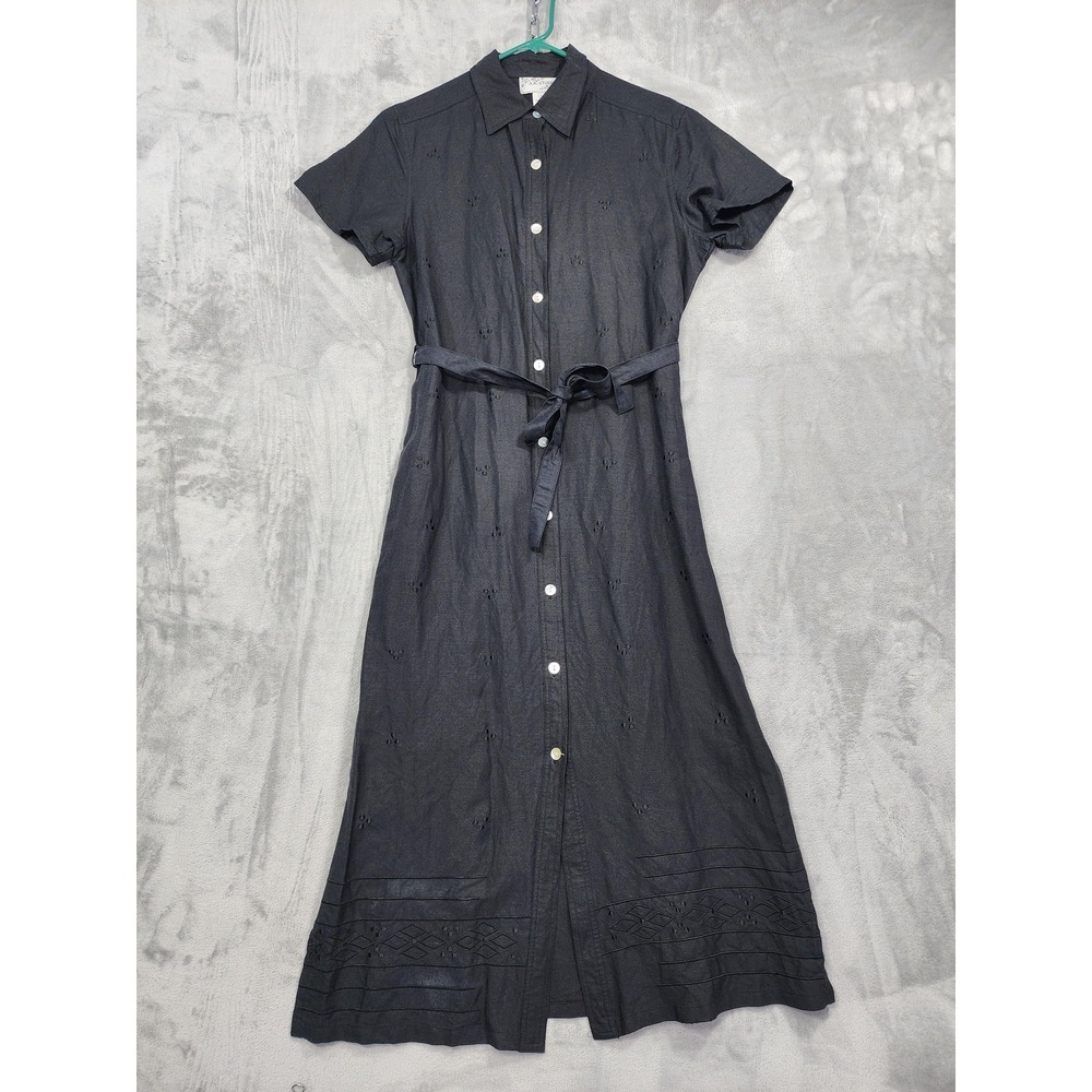 Vintage J.A. Studio Dress Womens M Black Button Front Belted Maxi‎ Embroidered